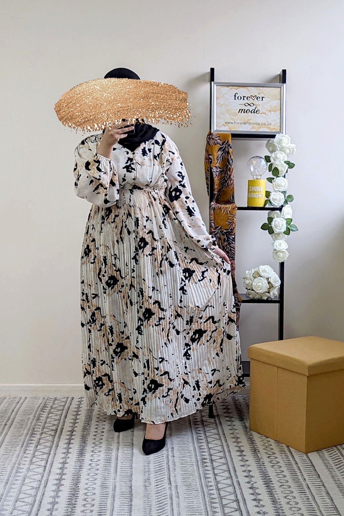 Cream Printed Maxi with Pleats
