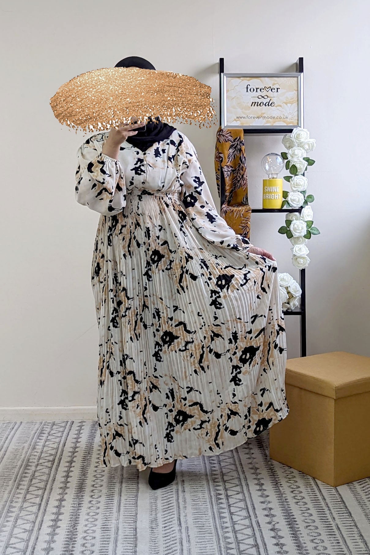 Cream Printed Maxi with Pleats