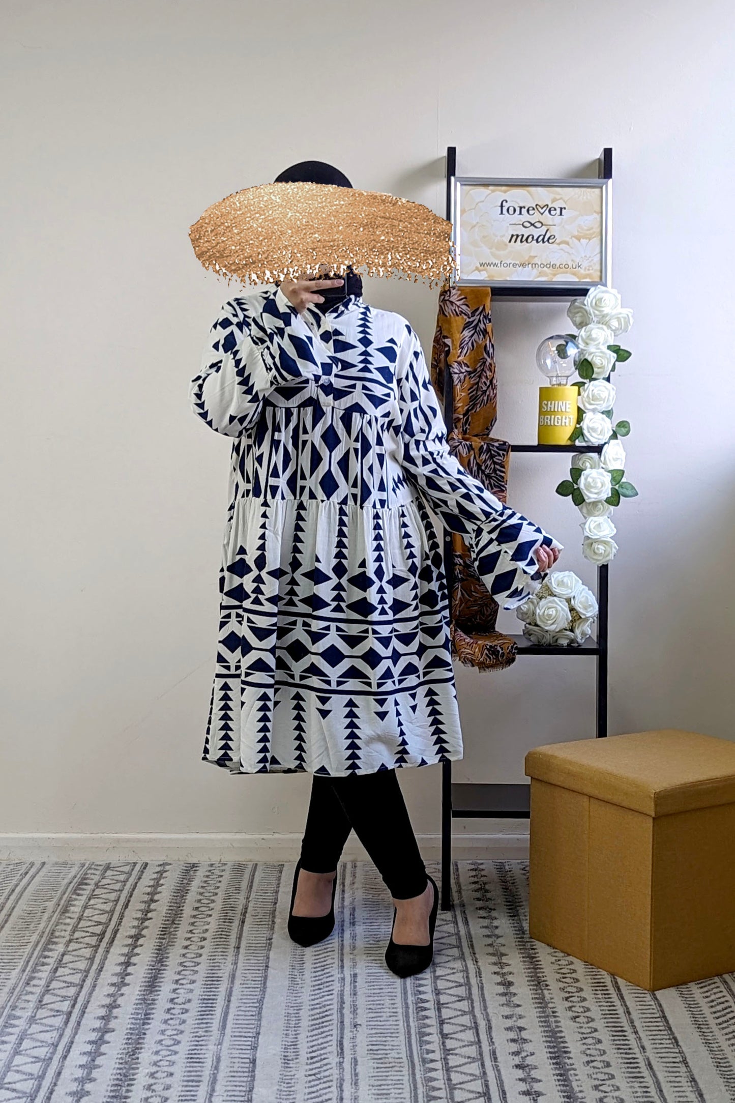 Navy Aztec Print Knee Length Dress