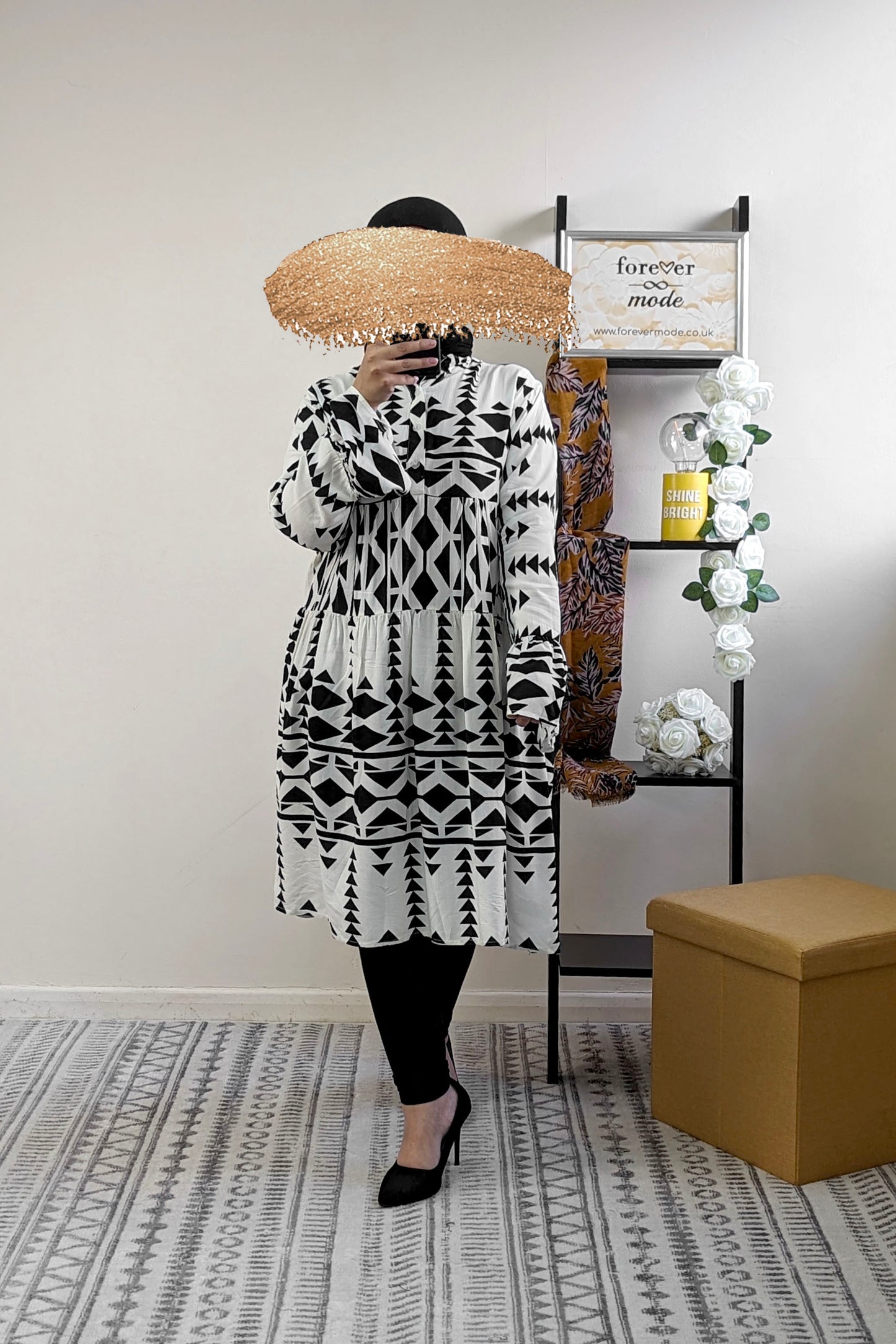 Black Aztec Print Knee Length Dress