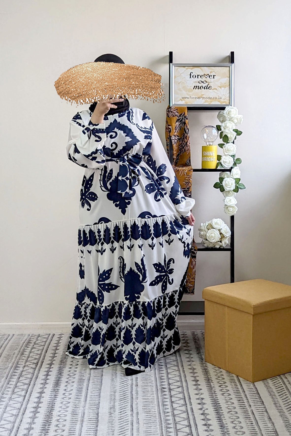 Navy Mixed Print Layered Maxi