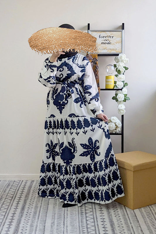 Navy Mixed Print Layered Maxi