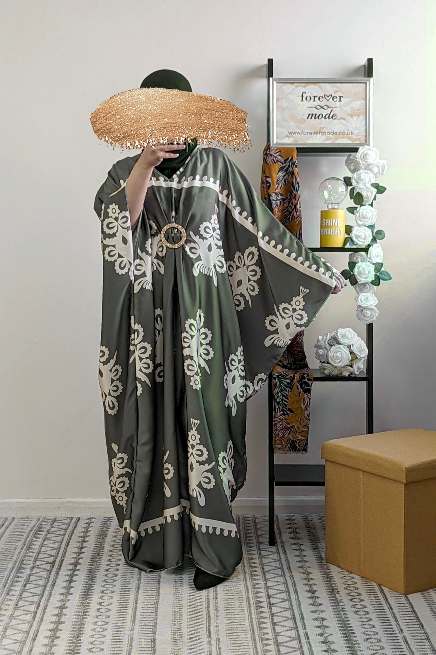 Khaki Damask Satin Batwing Dress