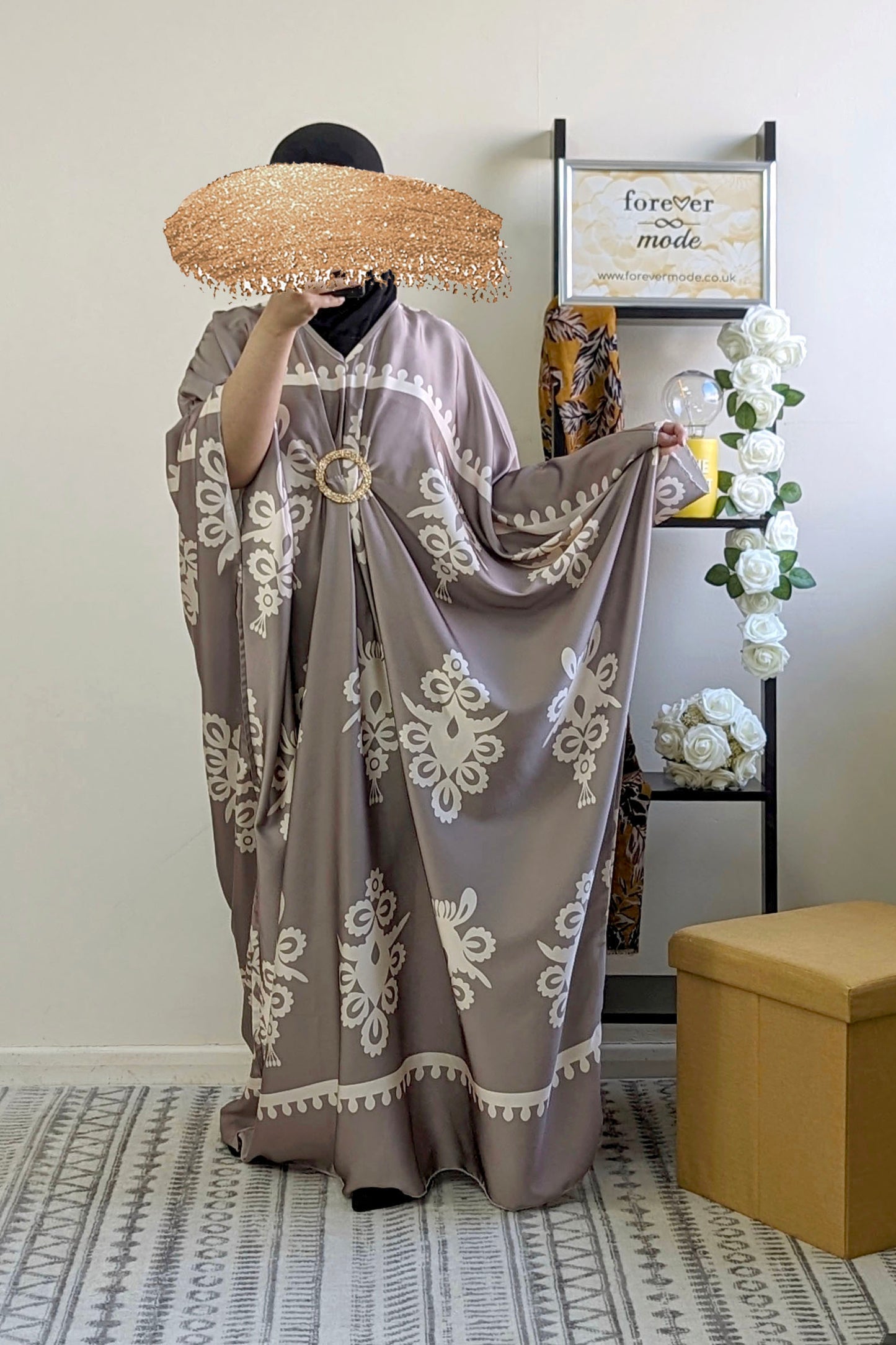 Taupe Damask Satin Batwing Dress