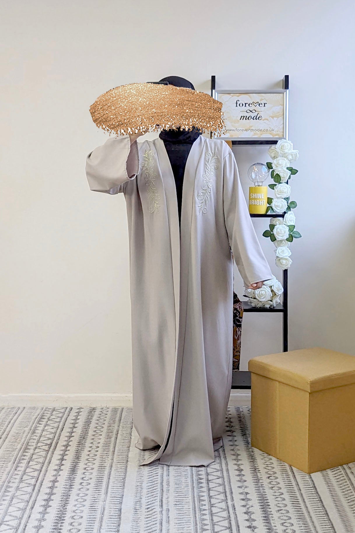 Beige Embroidered Open Dress