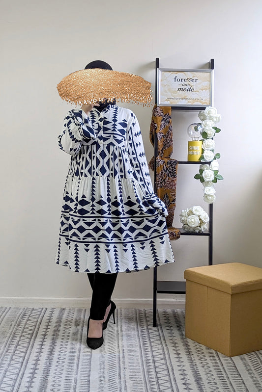 Navy Aztec Print Knee Length Dress