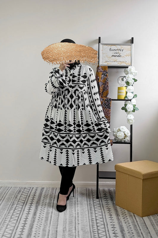 Black Aztec Print Knee Length Dress