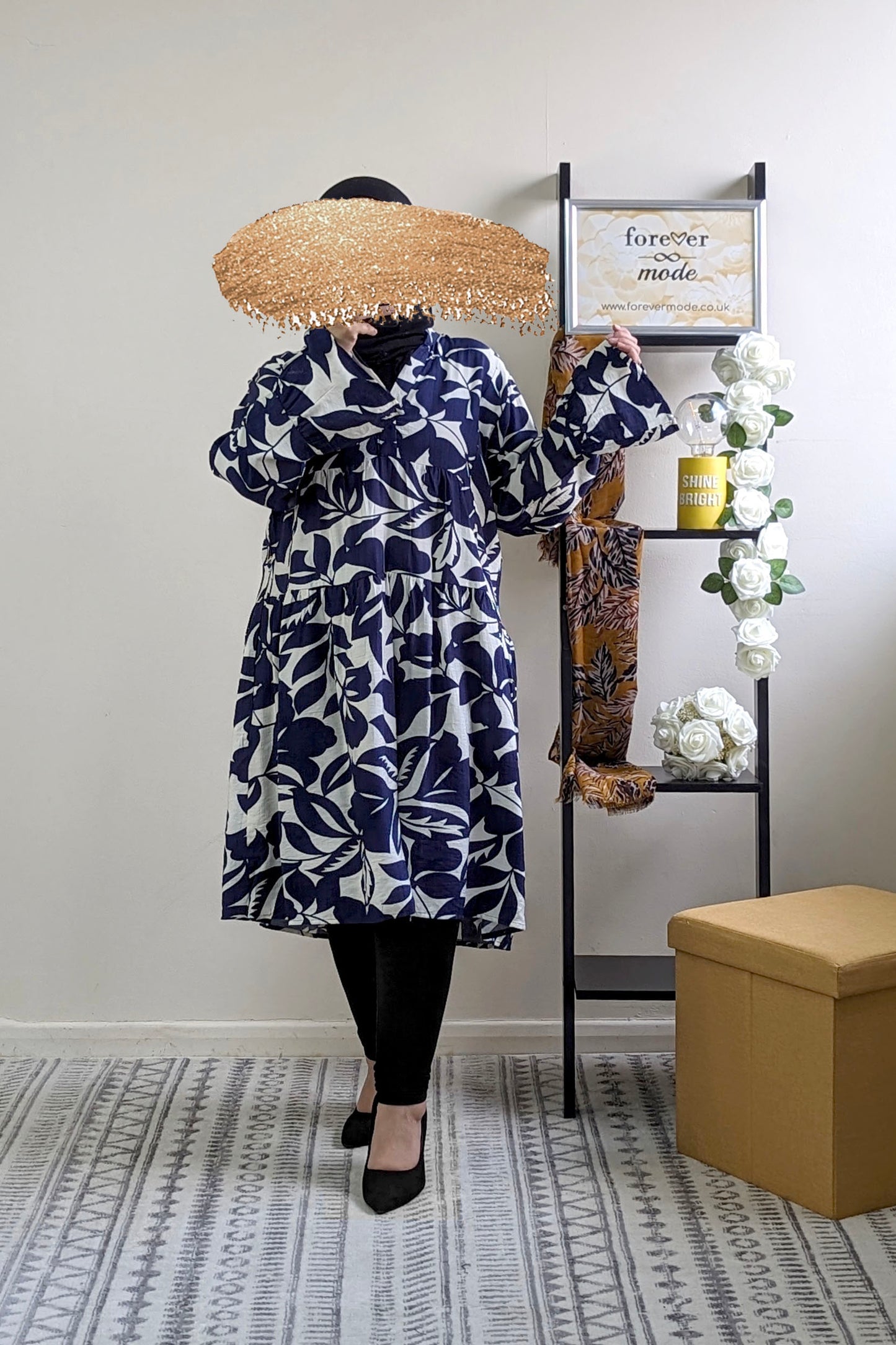 Navy Printed Knee Length Dress