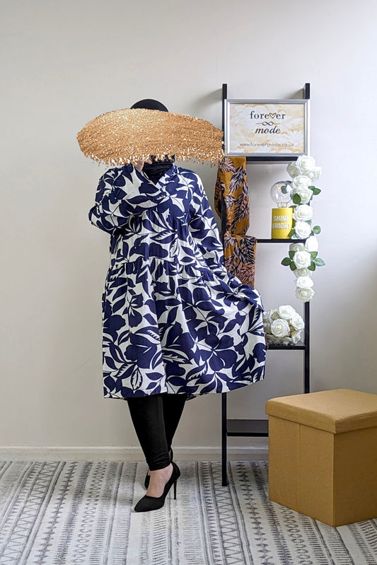 Navy Printed Knee Length Dress