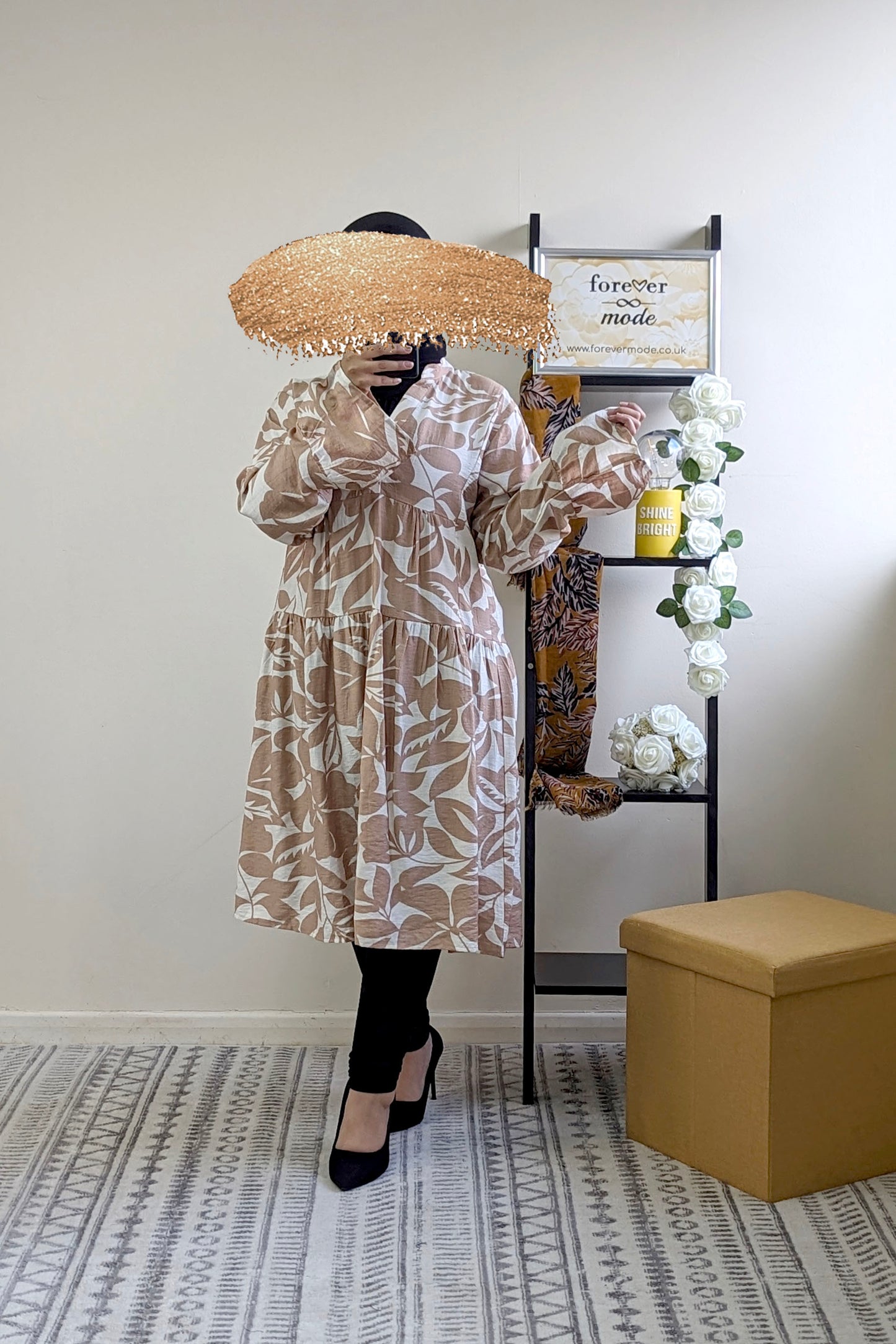 Beige Printed Knee Length Dress